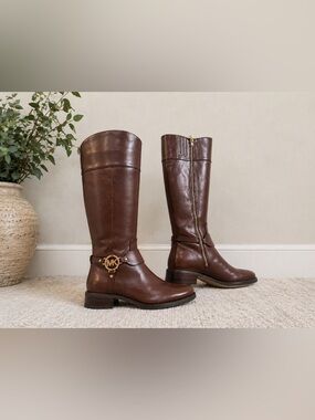 Michael Kors Fulton Harness Riding Boots Mocha Leather Women’s Size 7M MK Logo